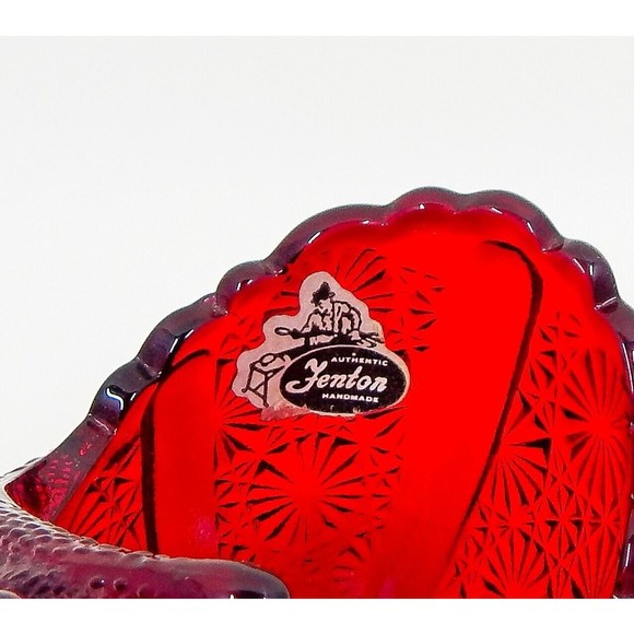 Fenton Glass Ruby Red Daisy and Button Twig Handled Oval Basket Original Sticker - Picture 6 of 11